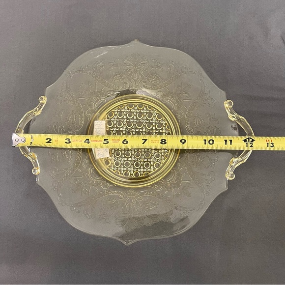1930’s Lancaster Yellow Depression Glass Etched Tray Cane Landrum W/ Handles - Picture 6 of 8